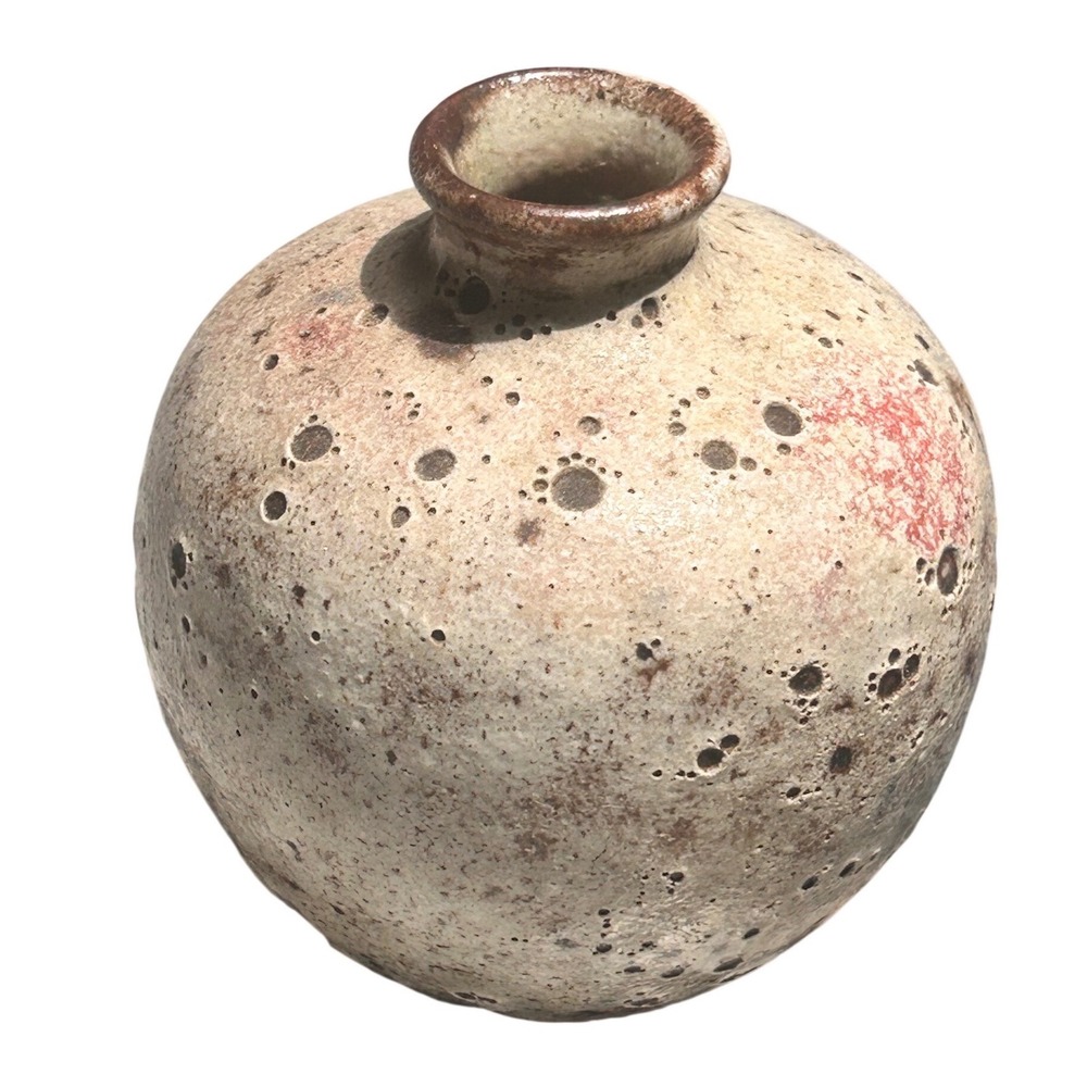 Studio Pottery Crater Glaze Bud Vase Signed Artisan Volcanic Ceramic Tan Brown4" - Picture 2 of 9